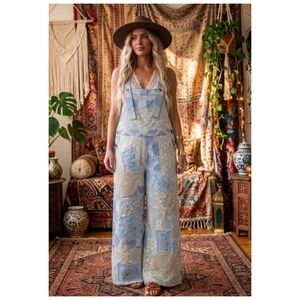 POL Blue Patchwork Crochet Lacr  Wide-Leg Overalls